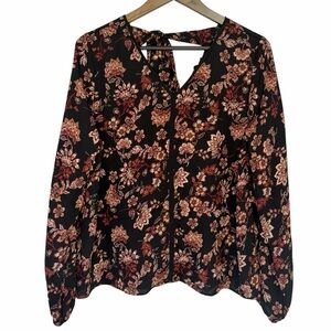 Stitch Fix Papermoon Dark Floral Blouse Womens XL Black V-Neck Tie Back Top